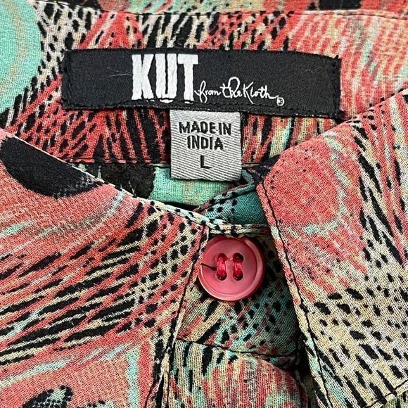 Kut From The Kloth Women's Peacock Print Semi-Sheer Tie Button Up Shirt‎ Size L - Picture 4 of 11